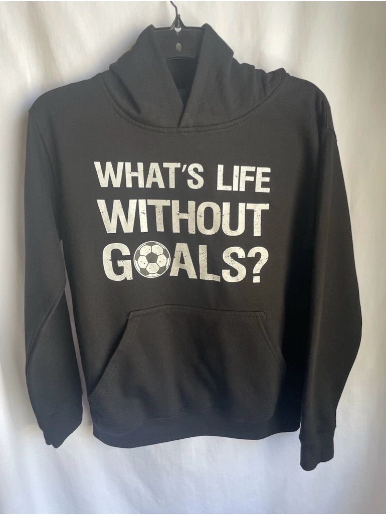 Kids Black Hoodie "What's Life Without Goals?" Graphic Pullover